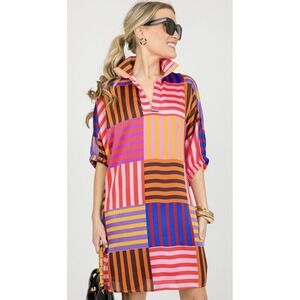 Adrienne Women's Charlotte Multi Color Stripe V-neck collared Dress 2X